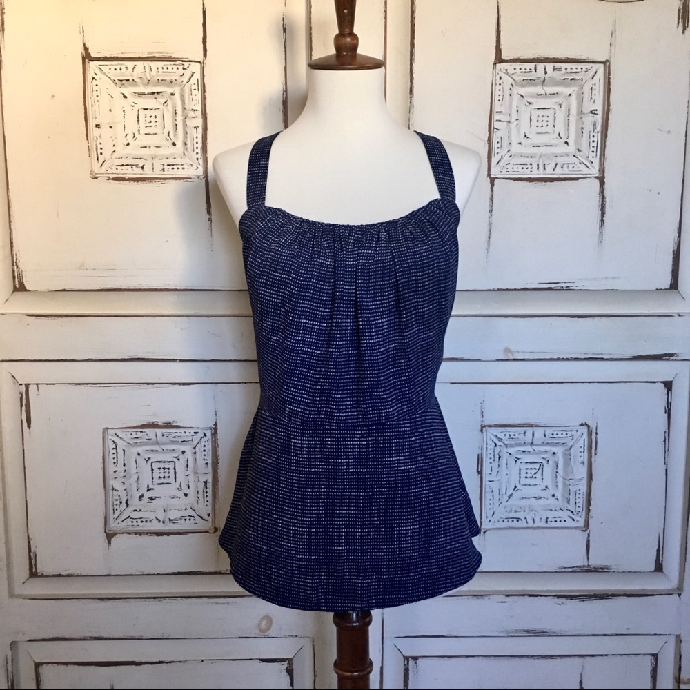 CAbi Polka Dot Peplum Dressy Tank Navy White 10